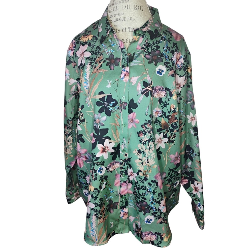 Coldwater Creek NWT Button Down Shirt Womens 24W Turquoise Floral Long Sleeve